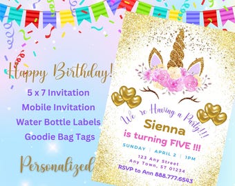 Unicorn Kids Birthday Party Invitation Bundle Sienna