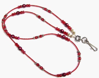 Ruby Red Crystals Sterling Silver Beaded Lanyard Badge ID Keychain