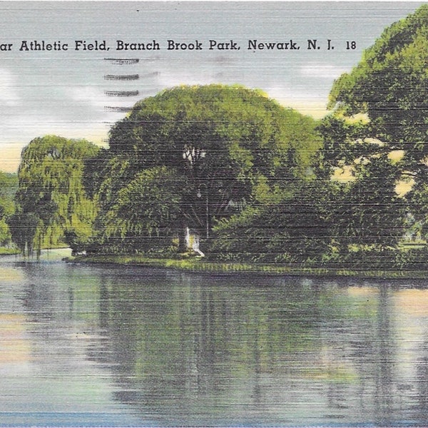 Vintage Linen New Jersey Postcard Branch Brook Park Lake Athletic Field Newark