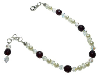 Cream Pearls Garnet Red Crystals Beaded Bracelet