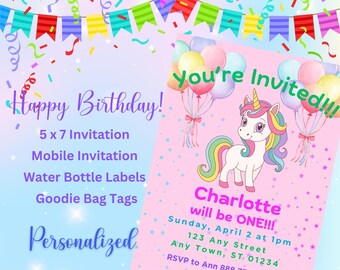 Unicorn Kids Birthday Party Invitation Bundle Charlotte