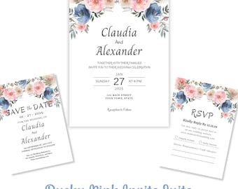 Dusky Pink Wedding Invitation Suite RSVP Save the Date Bespoke Watercolor Made to Order