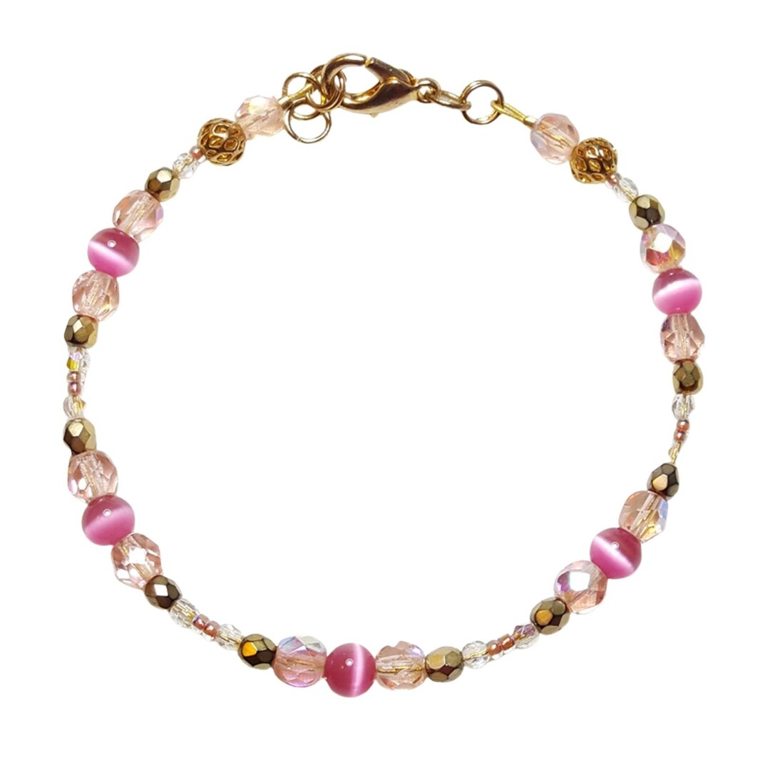Rose Pink Cats Eye Crystals Beaded Bracelet Etsy