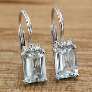 Aquamarine and Diamond Earrings, Gold Aquamarine Drop Earrings, Emerald cut Aquamarine Earrings, Italian Jewelry