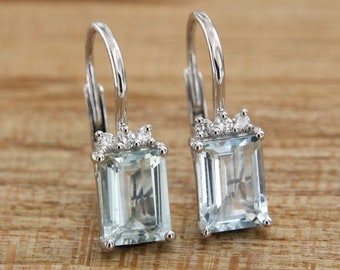 Aquamarine and Diamond Earrings, Gold Aquamarine Drop Earrings, Emerald cut Aquamarine Earrings, Italian Jewelry