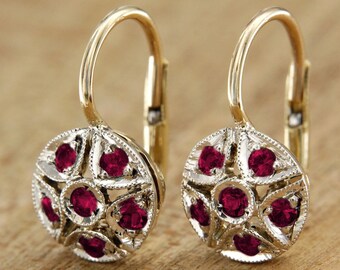 14k Gold Ruby Earrings, Ruby Earrings Dangle, Real Ruby Earrings, Ruby Cluster Earrings, Ruby Leverback Earrings, Italian Jewelry