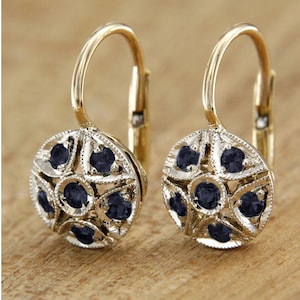 14k Gold and Sapphire Earrings, Sapphire Leverback Earrings, Sapphire Dangle Earrings, Antique Style Earrings, Italian Jewelry