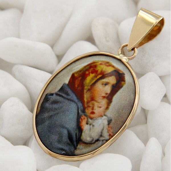 Pendentif en Or Jaune 14k Vierge Marie avec Enfant, Medaille Madone, Pendentif Religieuse, Bijoux Italiens