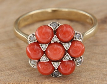 Gold and Coral Ring, Diamond Cocktail Ring, Coral Ring Diamond, Italian Jewelry, Natural Coral Ring