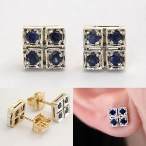 Boucles d&#39;Oreilles en Or Jaune 14 k et Saphir, Boucles d&#39;Oreilles Bleu Saphir, Boucles d&#39;Oreilles Clous, Boucles d&#39;oreilles Puces
