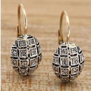 Gold Diamond Earrings, Dangle Gold Earrings, Antique Style Earrings, Italian Jewelry, Diamond Leverback Earrings