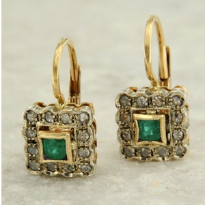 Gold Emerald Earrings, Emerald Diamond Earrings, 14k Emerald Earrings, Leverback Gold Earrings, Antique Style Earrings, Italian Jewelry