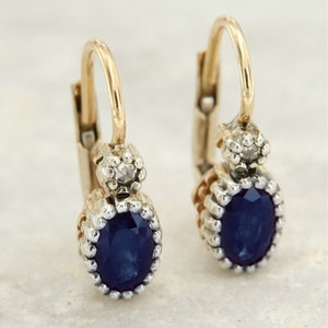 Gold Sapphire Earrings, Sapphire and Diamond Earrings Dangle, 14k Gold Earrings Leverback, Sapphire Drop Earrings, Blue Sapphire Earrings