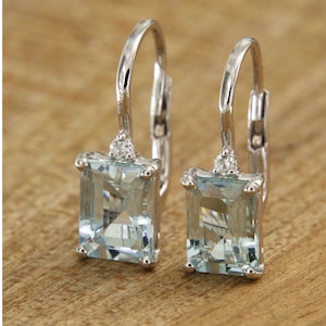 Gold Aquamarine Drop Earrings, Aquamarine Diamond Earrings, Emerald cut Aquamarine Earrings, Italian Jewelry