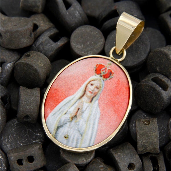 Madonna-Anhänger aus 14 kt GOLD und Porzellan, Medaille der Jungfrau Maria, Madonnina-Anhänger, religiöse Medaille, italienischer Schmuck