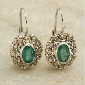 14k Gold Emerald Earrings, Emerald and Diamond Earrings, Emerald Lever Back Earrings, Diamond Halo Earrings, Gold Italian Earrings