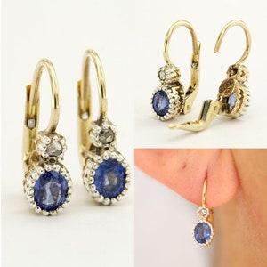 Sapphire and Diamond Earrings, Gold Sapphire Drop Earrings, Antique Style Earrings, Leverback Sapphire Earrings, Italian Jewelry