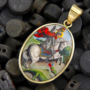 Gold Saint George Pendant, St George Medal, St George Pendant, Porcelain Pendant, Gold Religious Pendant, 14k Gold Medal, Italian Jewelry