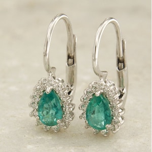 Gold and Emerald Earrings, Emerald Drop Earrings, Diamond Halo Earrings, Natural Emerald Earrings, Italian Jewelry