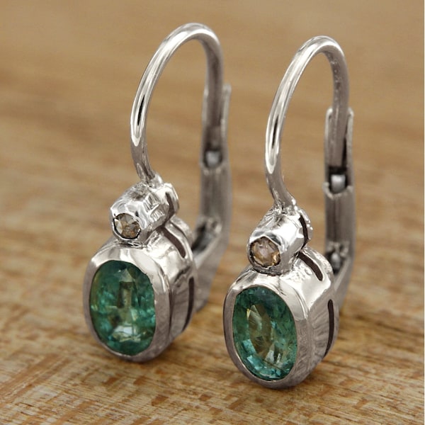 Boucles d'Oreilles Or 14k Emeraude et Diamant, Boucles d'Oreilles Pendantes, Boucles d'Oreilles Dormeuses, Bijoux Italiens