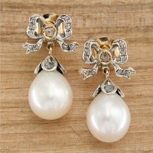 Gold Pearl and Diamond Earrings, 14k Gold and Pearl Earrings, Antique Style Earrings, Pearl Dangle Earrings, Italian Jewelry
