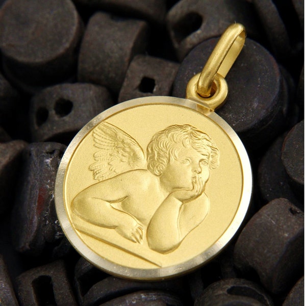 Pendentif en Or Jaune 18 Carats Ange Gardien, Medaille Ange en Or 18k, Bijoux Italiens, Pendentif Cherubin