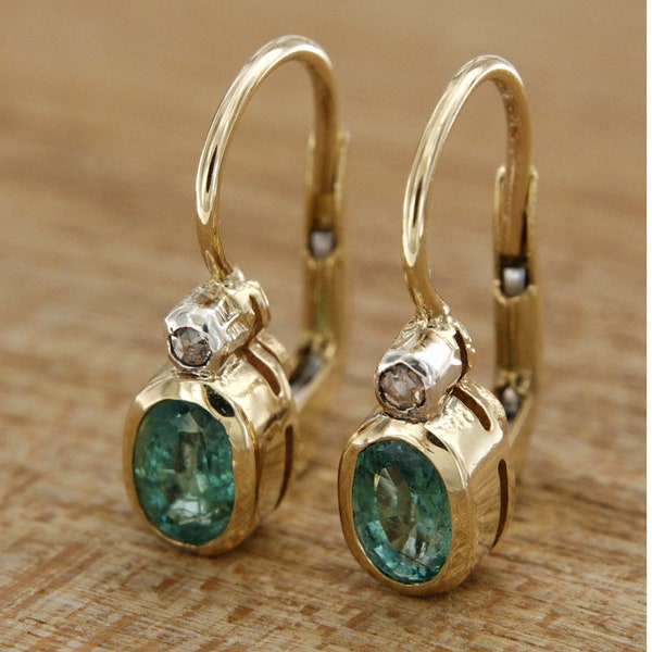 Emerald and Diamond Earrings, 14 k Gold Earrings, Green Emerald Drop Earrings, Antique Style Earrings, Italian Jewelry