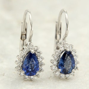 Saphir und Diamant Ohrringe, 18k Gold Ohrringe Italien, Blauer Saphir Tropfen Ohrringe, Saphir Halo Ohrringe