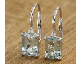 Gold Aquamarine Drop Earrings, Aquamarine Diamond Earrings, Emerald cut Aquamarine Earrings, Italian Jewelry