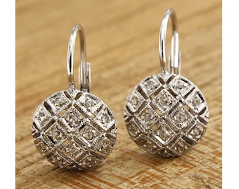 14k Gold and Diamond Earrings, Diamond Cluster Earrings, Gold Leverback Earrings, Italian Gold Earrings, 14k Gold Dangle Earrings
