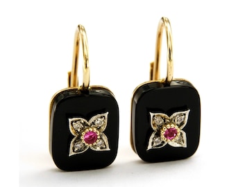 Boucles d'Oreilles en Or Onyx Rubis Diamant, Boucles d'Oreilles Pendantes en Or, Boucles d'Oreilles Dormeuses, Bijoux Italiens