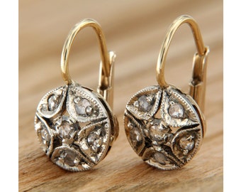 14 k Gold and Diamond Earrings, Antique Style Earrings, Diamond Dangle Earrings, Italian Jewelry