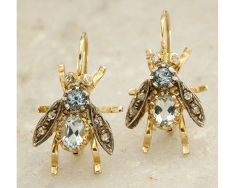 Gold Bee Earrings Dangle, Insect Earrings, Fly Earrings, Gold Aquamarine Earrings, 14k Gold Earrings, Leverback Earrings,  Italian Jewelry