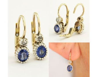 Sapphire and Diamond Earrings, Gold Sapphire Drop Earrings, Antique Style Earrings, Leverback Sapphire Earrings, Italian Jewelry
