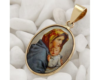 14k Gold Virgin Mary Pendant, Madonna and Child Medal, Gold Blessed Mother Medal, Mother Mary Pendant, Mary Medallion, Italian Jewelry