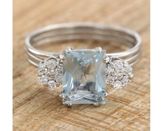 18k Gold Aquamarine Ring, Aquamarine and Diamond Ring, Italian Jewelry, Aquamarine Emerald cut Ring