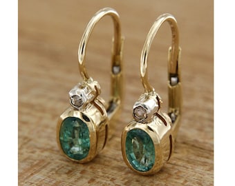 Emerald and Diamond Earrings, 14 k Gold Earrings, Green Emerald Drop Earrings, Antique Style Earrings, Italian Jewelry