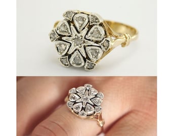 14k Gold Diamond Ring, Gold Diamond Cluster Ring, Antique Style Ring, Italian Jewelry, Rose Cut Diamond Ring, Real Diamond Ring
