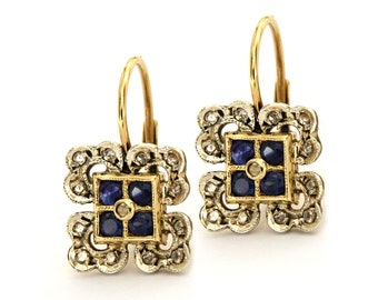 14k Gold Sapphire Earrings, Sapphire and Diamond Earrings, Leverback Sapphire Earrings, Sapphire Dangle Earrings, Italian Gold Earrings