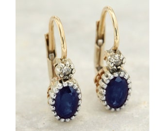 Gold Sapphire Earrings, Sapphire and Diamond Earrings Dangle, 14k Gold Earrings Leverback, Sapphire Drop Earrings, Blue Sapphire Earrings