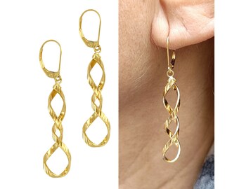 Gold Spiral Dangle Earrings, Gold Twist Earrings, Gold Long Earrings, Gold Swirl Earrings, Gold Leverback Earrings, 18k Earrings