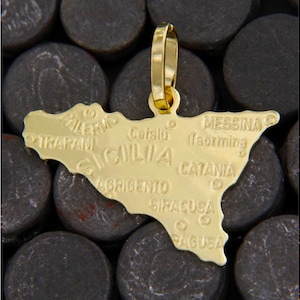 Pendentif Sicile in Or 18 Carats, Pendentif Sicilia Or 750, Charm Sicile en Or, Bijoux Italiens