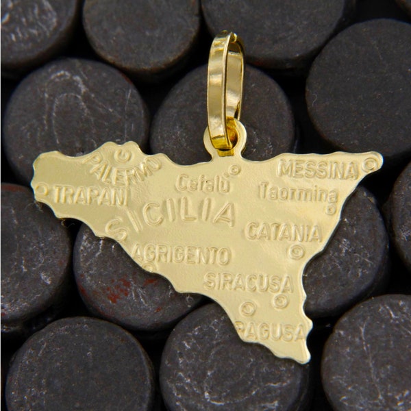 Pendentif Sicile in Or 18 Carats, Pendentif Sicilia Or 750, Charm Sicile en Or, Bijoux Italiens