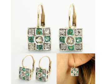 Emerald Diamond Earrings, 14k Gold Emerald Earrings, Emerald Cluster Earrings, Emerald Leverback, Natural Emerald Earrings, Italian Jewelry