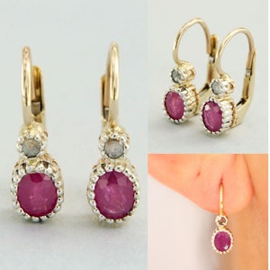 14k Gold Ruby Earrings, Natural Ruby Earrings in Yellow Gold, Ruby Dangle Earrings, Antique Style Earrings, Italian Jewelry