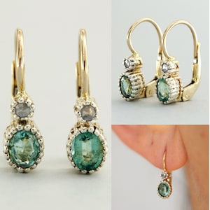 14k Gold Emerald Earrings, Emerald Diamond Earrings, Green Emerald Drop Earrings, Antique Style Earrings, Italian Jewelry