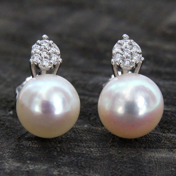 Gold Pearl Diamond Earrings Japanese Pearl Earrings Pearl - Etsy