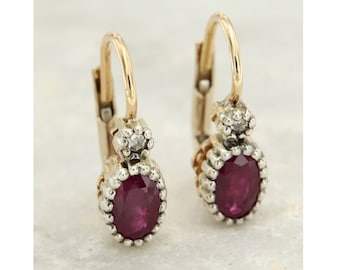 14k Gold Ruby  Earrings, Antique Style Earrings, Ruby Drop Earrings, Diamond Earrings Dangle, Genuine Ruby Earrings, Italian Jewelry
