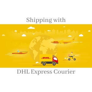 May include: A yellow background with a globe, a truck, a plane, and a scooter, all with the DHL logo. The text "Shipping with DHL Express Courier" is at the bottom of the image.