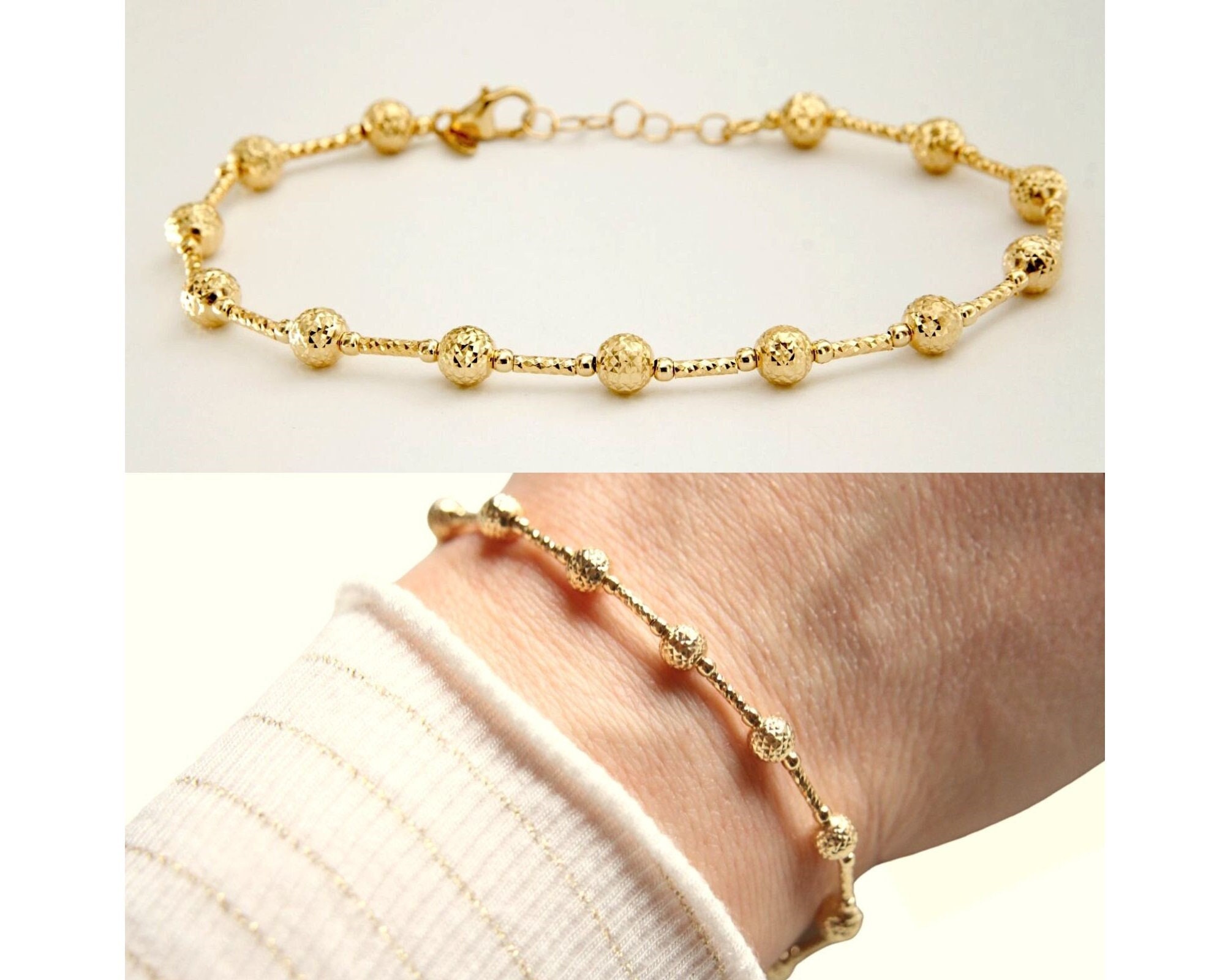 18k Gold Ball Armband 18k Gold Perlen Armband Diamant geschnitten Armband Bead Bar Armband Echtgold Armband Goldarmband Italienisch Etsy